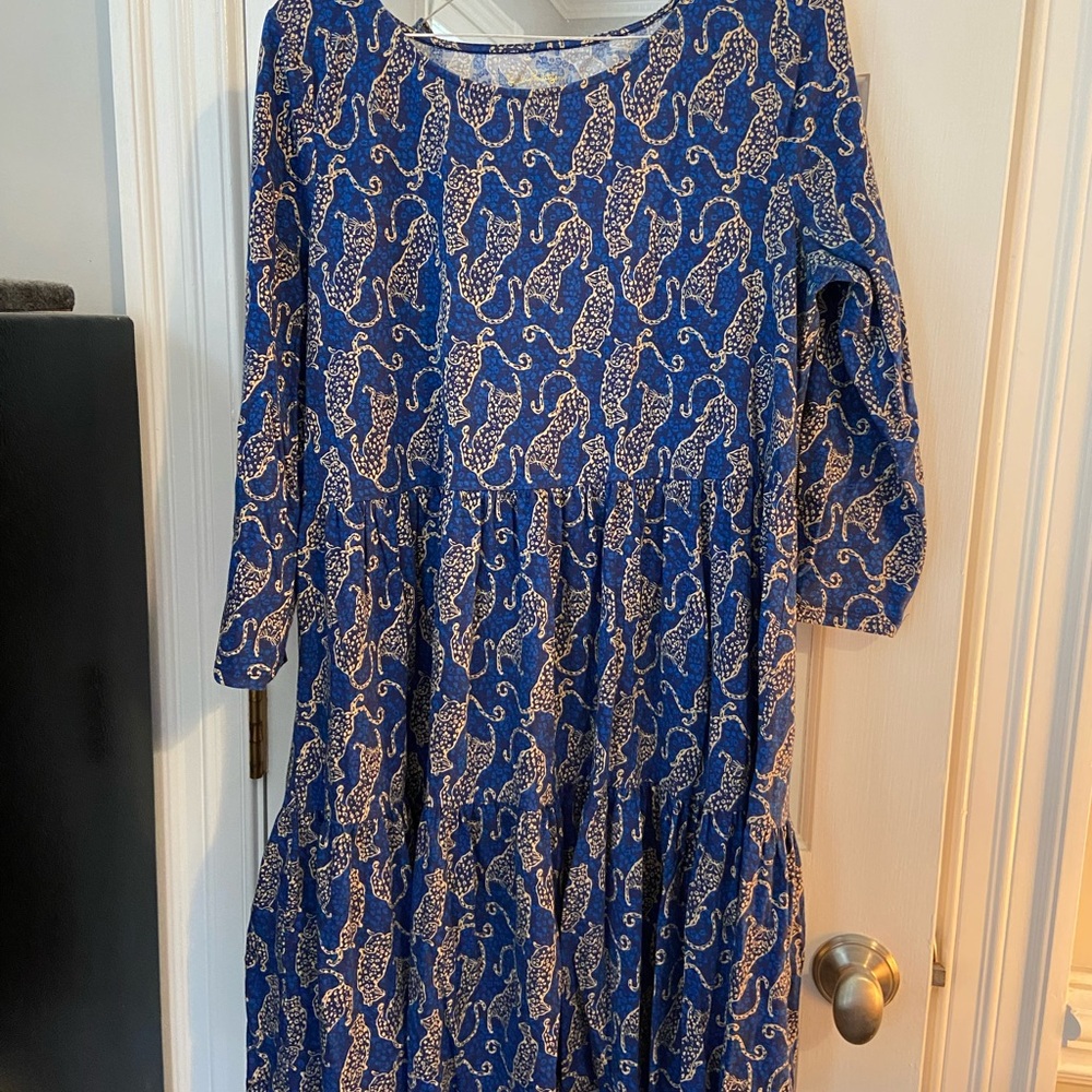 Lilly Pulitzer Blue Leopard-Print Long Sleeve Tiered Dress size Large